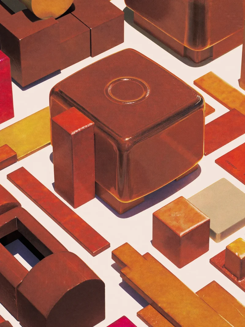 Illustration: modularer Baukasten aus geometrischen Grundkörpern in Stapelanordnung